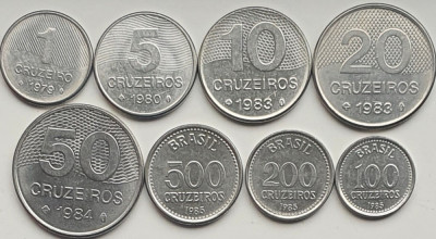 set 8 monede Brazilia 1 5 10, 20, 50, 100, 200, 500 cruzeiros 1979-1986 UNC-A025 foto