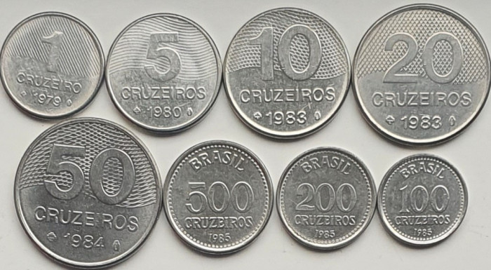 set 8 monede Brazilia 1 5 10, 20, 50, 100, 200, 500 cruzeiros 1979-1986 UNC-A025
