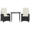 Set mobilier de gradina cu perne, 3 piese, negru, poliratan
