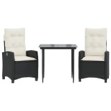 Set mobilier de gradina cu perne, 3 piese, negru, poliratan