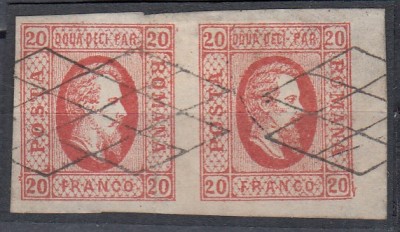 ROMANIA 1865 LP 17 ALEXANDRU IOAN CUZA 20 PARALE ROSU PERECHE STAMPILA GRATAR foto