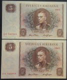 Lot/Set 2 BANCNOTE SERII CONSECUTIVE 5 COROANE - SUEDIA, 1963 *cod 609 A.UNC