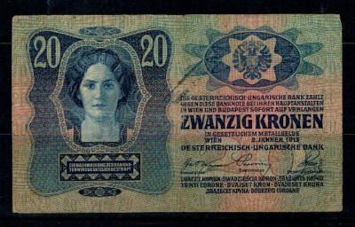Austro-Ungaria 1913(1919) - 20 korona cu stampila sarba, circula foto