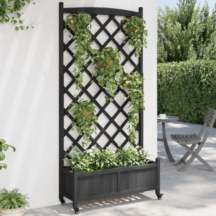Jardinieră cu spalier și roți, negru, lemn masiv de brad