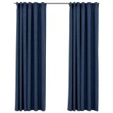 Draperii opace aspect in, carlige, 2 buc., albastru, 140x245 cm