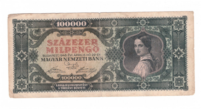 Bancnota Ungaria 100000 milpengo 29 aprilie 1946, circulata, stare buna