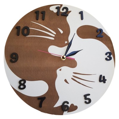 Ceas decorativ Pisici Yin si Yang, lemn alb, 30 cm foto