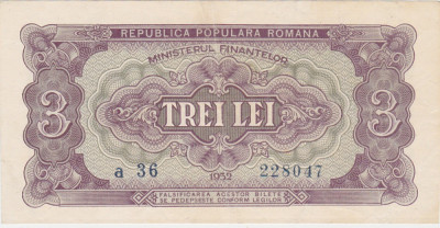 ROMANIA RPR 3 lei 1952 VF+ foto