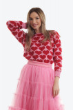Pulover tricotat roz candy cu inimii rosii, L, M, S, XL, XS, Onibon