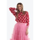 Pulover tricotat roz candy cu inimii rosii