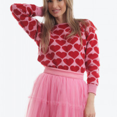 Pulover tricotat roz candy cu inimii rosii