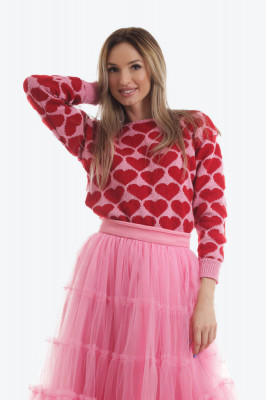 Pulover tricotat roz candy cu inimii rosii foto