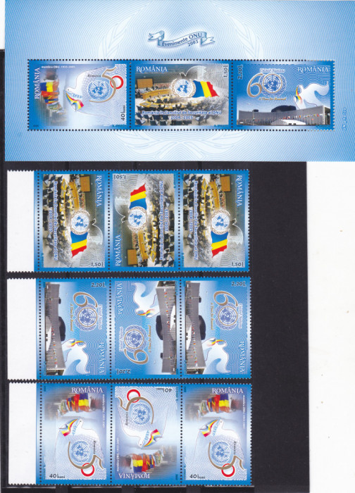 ROMANIA 2005 - EVENIMENTE ONU - BLOC + SERIE IN TRIPTIC TETE-BECHE! LP1697