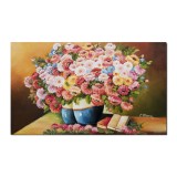 Tablou pictat manual living, dormitor, Vaze cu flori si carti, 100x60cm ulei pe panza, gata de expus pe perete