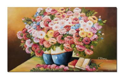 Tablou clasic pictat manual, Aranjament cu flori si carti, 100x60cm ulei pe panza, Constantin Feraru foto