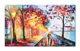 Cumpara ieftin Tablou indragostiti pictat manual, Brat la brat sub umbrela mea, 100x60cm ulei pe panza in cutit, efect 3D, Magistral