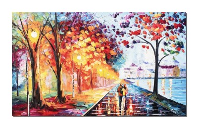 Tablou indragostiti pictat manual, Brat la brat sub umbrela mea, 100x60cm ulei pe panza in cutit, efect 3D, Magistral foto
