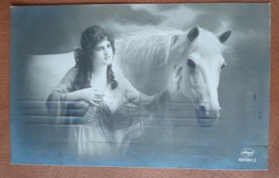 Fotografie tip carte postala, circulata, tanara cu un cal, 1922 foto