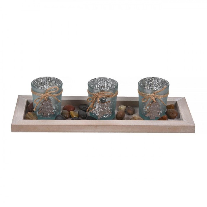 Set Suport Lumanari Craciun, Model Frosty Pietre, Lemn, Capacitate 3 Pahare 5.5x7 cm, Natural