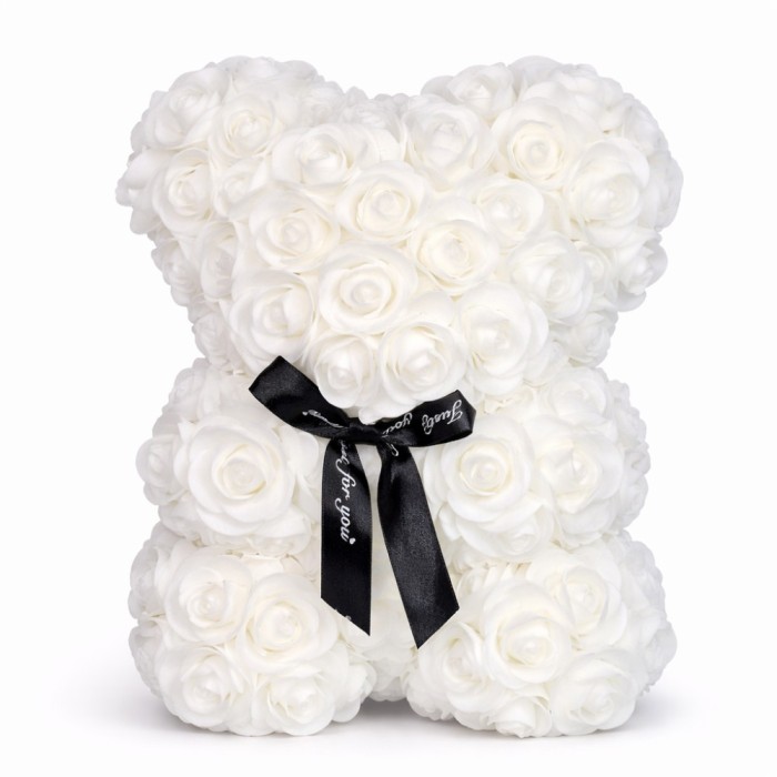 Ursulet din Trandafiri 25cm cu Flori de Spuma, in Cutie Transparenta 30x17cm - alb