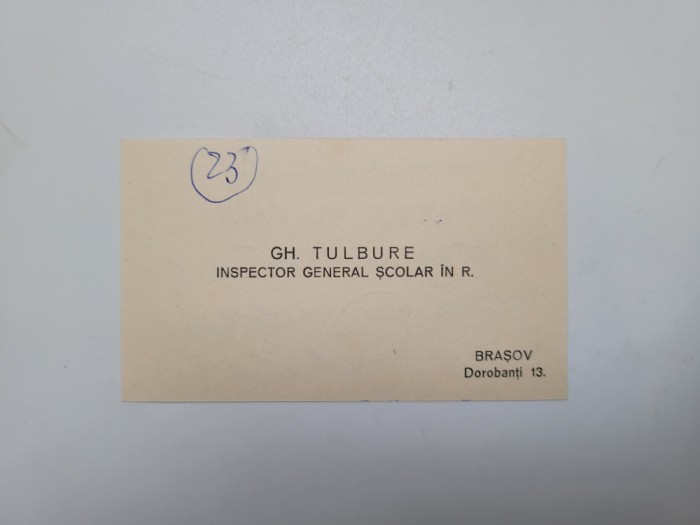 carte de vizita Gh. Tulbure, Inspector General Scolar, Brasov, 1940