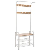 VASAGLE Cuier pentru haine cu banca de depozitare a pantofilor, cu 9 carlige detasabile, o sina pentru haine, 34x72x183 cm, modern, stejar si crem Hou