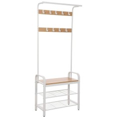 VASAGLE Cuier pentru haine cu banca de depozitare a pantofilor, cu 9 carlige detasabile, o sina pentru haine, 34x72x183 cm, modern, stejar si crem Hou