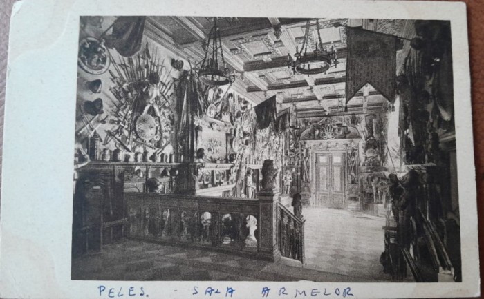 Carte postala, Sinaia, Castelul Peles, sala armelor, perioada interbelica