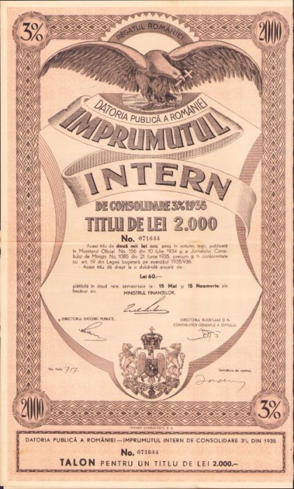 HST PM110 &Icirc;mprumutul intern de consolidare 1935 titlu de 2000 lei