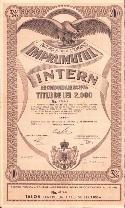 HST PM110 &Icirc;mprumutul intern de consolidare 1935 titlu de 2000 lei