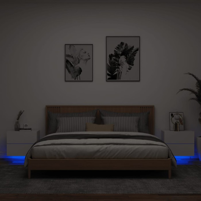 Gossi noptiere montate pe perete cu lumini led, 2 buc., alb