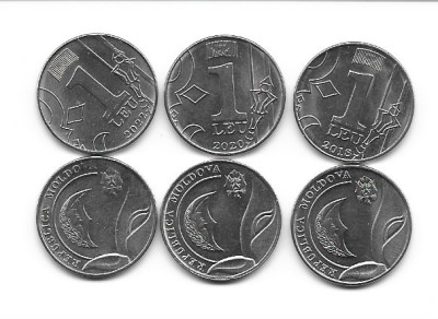 Moldova lot 3 monede de 1 leu, toate emisiunile foto
