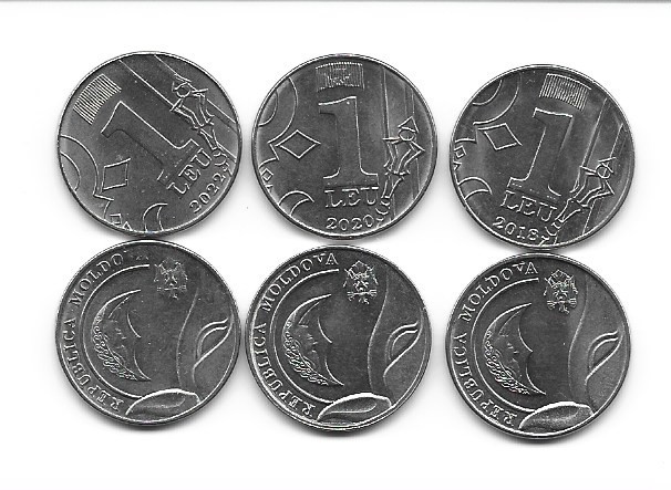 Moldova lot 3 monede de 1 leu, toate emisiunile