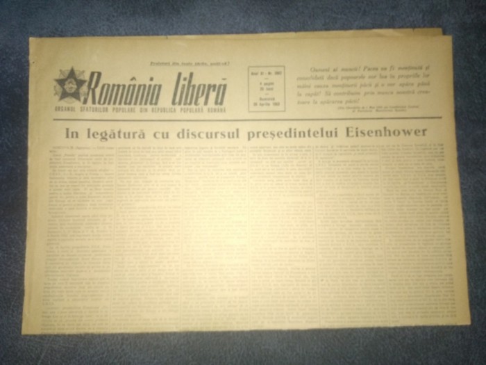 ZIARUL ROMANIA LIBERA 26 APRILIE 1953 DISCURSUL PRESEDINTELUI EISENHOWER