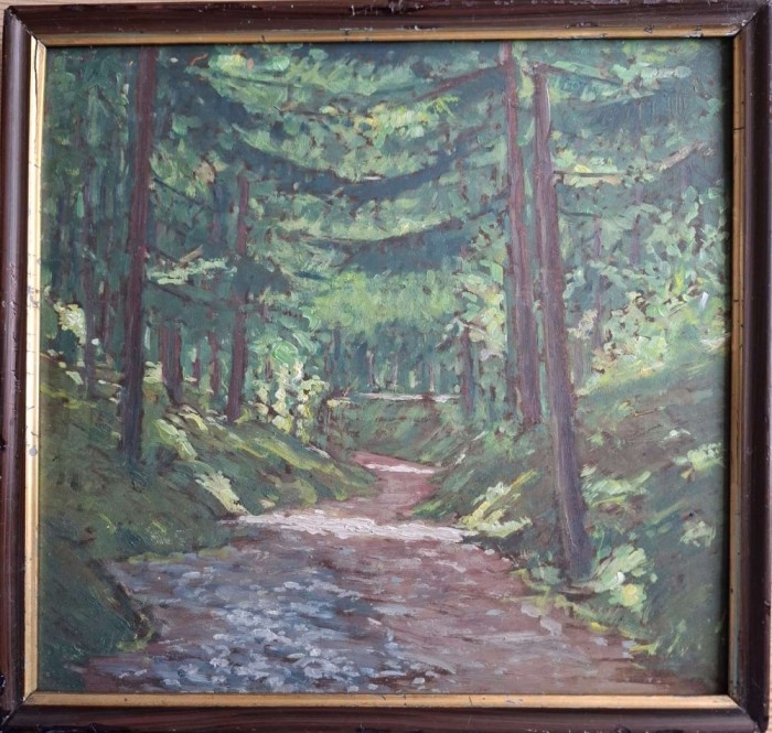 Peisaj cu p&acirc;r&acirc;u &icirc;n pădure, nesemnat, pictură veche