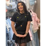 Tricou dama negru cu imprimeu broderii cu fructe