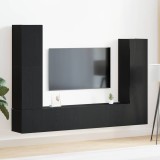 Set de mobilier pentru TV din 4 piese, montat pe perete, negru și stejar, din lemn prelucrat.