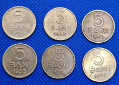 5 bani 1952, 5 bani 1953, 5 bani 1954, 5 bani 1955, 5 bani 1956, 5 bani 1957, set total 6 monede de 5 bani anii 1952-1957 la 60 lei