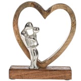 Decoratiune din lemn si metal in forma de inima si figurina cuplu, Maro/Gri, 18 x 5 x 22 cm, Neirini