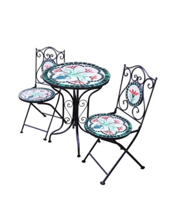 Set 2 scaune si masa din mozaic cu cadru de fier, pliabile