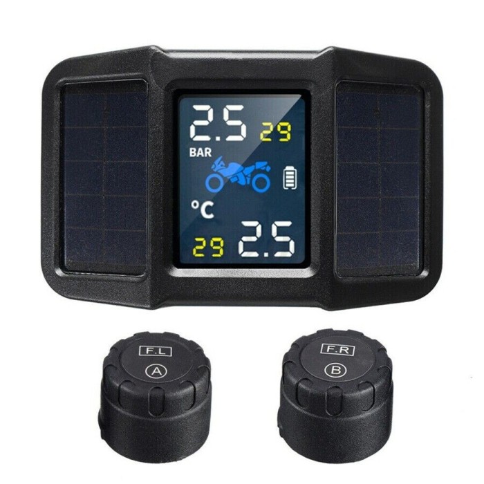 Sistem de monitorizare in timp real a presiunii din anvelope wireless pt motociclete cu 2 senzori, Afisare temperatura, Incarcare Solara, DisplayHD6.5