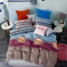 Lenjerie de pat pentru o persoana cu husa elastic pat si fata perna dreptunghiulara, Oia, bumbac mercerizat, multicolor