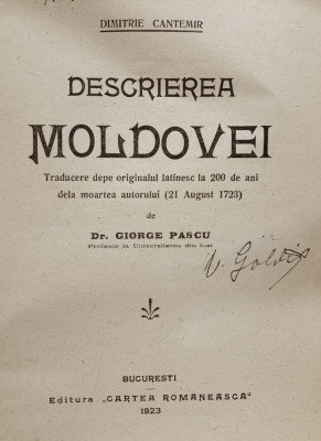 Cantemir, DESCRIEREA MOLDOVEI, editia G. Pascu, Bucuresti, 1923 foto