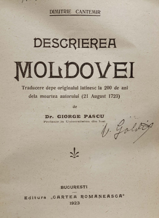 Cantemir, DESCRIEREA MOLDOVEI, editia G. Pascu, Bucuresti, 1923