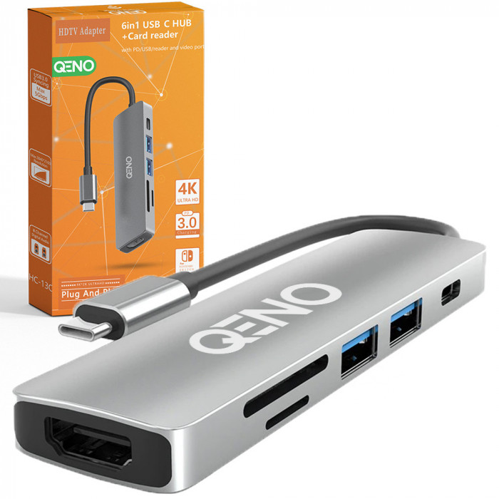 Hub USB 6in1 Qeno&reg; Tip C/USB 3.0 Cu Port HDMI 4K, Card Reader, Adaptor Multiport