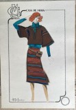 Colaj și tehnica mixtă pe carton, design Maya ȚUȚUI, Casa de Modă M.I.U., 30 x 21 cm, modă rom&acirc;nească, schiță 2 vestimentară