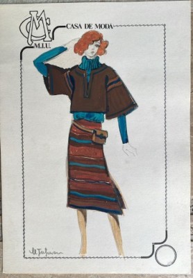 Colaj și tehnica mixtă pe carton, design Maya ȚUȚUI, Casa de Modă M.I.U., 30 x 21 cm, modă rom&amp;acirc;nească, schiță 2 vestimentară foto