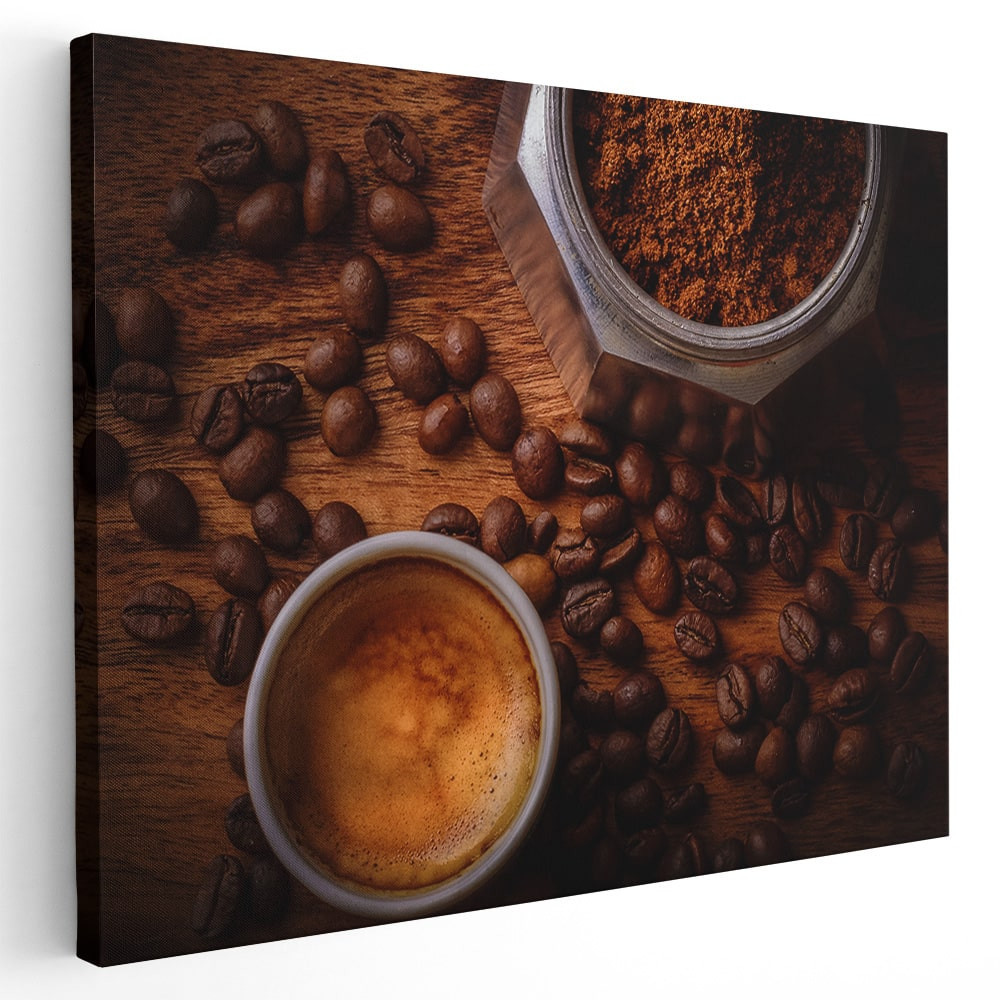 Tablou canvas ceasca si cafetiera cafea crem, maro, gri 1281 Poster imprimat  pe hartie foto 60x90 cm | Okazii.ro