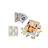 Pachet jocuri educative si de familie , joc X si 0 din lemn, puzzle Tetris si carti de joc