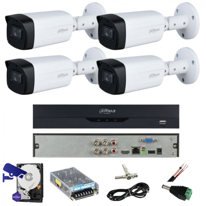 Sistem de supraveghere 4 camere Dahua, 5 MP, IR 80M, lentila 3.6MM, Starlight, DVR Dahua 4 canale, 5MP, Accesorii SafetyGuard Surveillance